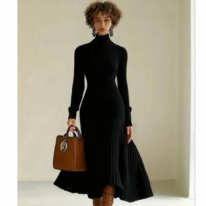 Elegant Black Ribbed Knit Dress